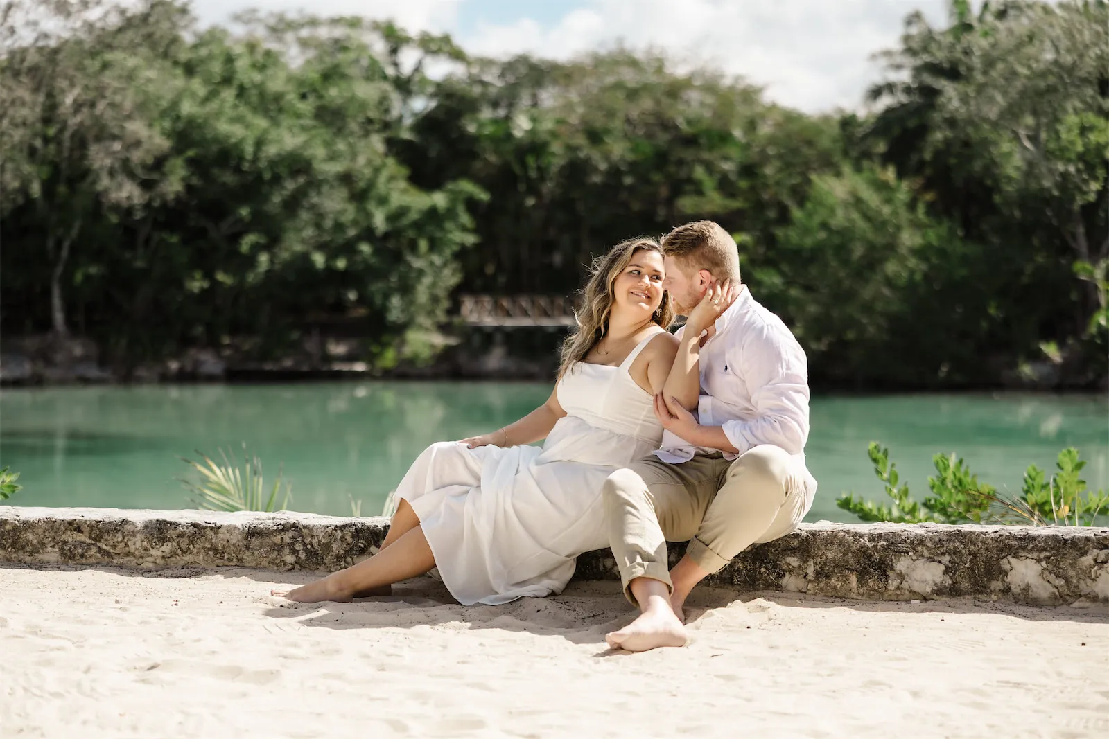 Romantic engagement portrait by the lagoon at Chankanaab Park
