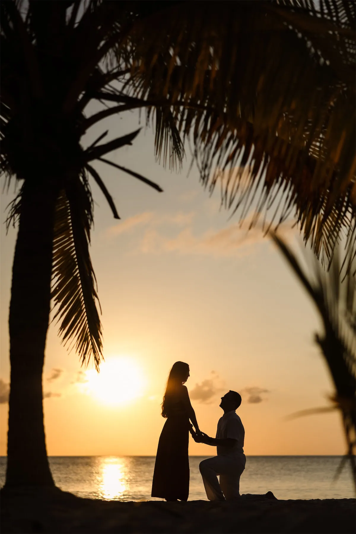 Silhouette of a proposal under palm trees at sunset in Cozumel